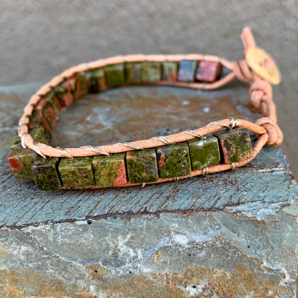 ✨UNAKITE SQUARE STONE+LEATHER BOHO BRACELET✨